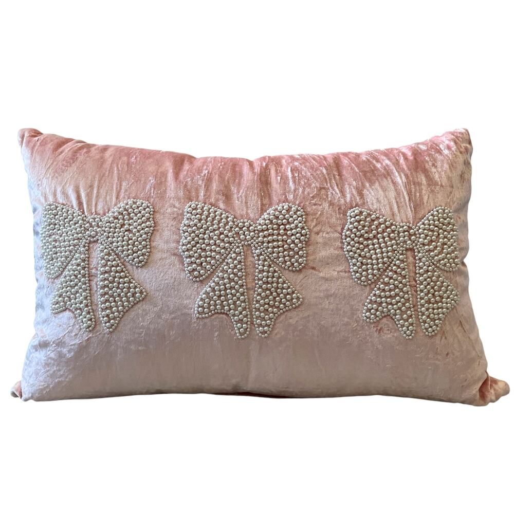 Magaschoni Beaded Faux Pearl Bows on Pink Velvet Decorative Pillow 14x20 New